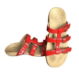 Vionic Misa Adjustable Strap Slide Red Patent Leather Sandals | 8